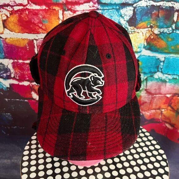 Chicago Cubs Wool Blend Buffalo Plaid Flannel Trapper Hat Cap 7 1/4  Baseball - Picture 1 of 6